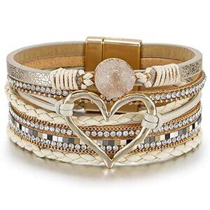 Leopard Leather Wrap Bracelet Boho Multilayer Pearl Crystal Cuff Bangle
